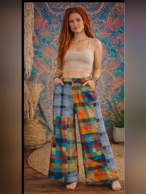 Wide-Leg Multicolor Plaid Cotton Pants